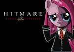  agent_47 anevilzebra anthro anthrofied black_background blue_eyes clothing cosplay english_text equine female friendship_is_magic hair hitman horse looking_at_viewer mammal my_little_pony parody pink_hair pinkamena_(mlp) pinkie_pie_(mlp) plain_background pony solo text wire 