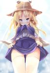  ass_visible_through_thighs blonde_hair blue_eyes blush eyes hat long_sleeves moriya_suwako nyafu_(moai_lion) pussy_juice short_hair solo thighhighs touhou white_legwear wide_sleeves 