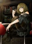  alcohol bad_id bad_pixiv_id black_legwear blue_eyes blush boots brown_hair cup fashion fringe_trim green_eyes heterochromia highres idolmaster idolmaster_cinderella_girls legwear_under_shorts mole mole_under_eye off_shoulder ohara_hiroki pantyhose short_hair shorts sitting smile solo stool takagaki_kaede wine 