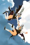  :d ass bat_wings blush cross dress flying hairband heart_cutout kneehighs multiple_girls open_mouth original pointy_ears red_eyes ryoji_(nomura_ryouji) short_hair silver_hair sky smile tail thighs twintails white_legwear wings 