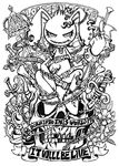  belt bunny bunny_ears card chain crown dice ear_piercing english flower greyscale highres lineart looking_at_viewer monochrome no_humans original piercing playing_card project.c.k. skull solo sword weapon white_background work_in_progress 