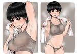  armpits bare_shoulders black_hair blush breasts brown_eyes covered_nipples groin large_breasts looking_at_viewer messy_hair navel original panties see-through short_hair steaming_body towel underwear wet wet_hair zenkou 