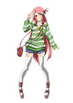  alternate_costume alternate_hairstyle bag braid collarbone contemporary green_eyes heart hong_meiling long_hair long_sleeves naodx off_shoulder one_eye_closed red_hair short_shorts shorts side_ponytail smile solo standing thighhighs touhou twin_braids white_legwear 