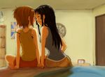  akiyama_mio black_hair brown_hair fukutarou_(enji127) imminent_kiss k-on! long_hair multiple_girls short_hair strap_slip tainaka_ritsu yuri 