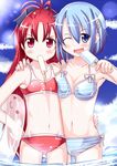  :3 ;d bikini blue_eyes blue_hair blush breast_press breasts cloud day flat_chest food groin hair_ornament hairclip hand_on_another's_hip hand_on_hip kyubey lens_flare long_hair looking_at_viewer mad_(hazukiken) mahou_shoujo_madoka_magica miki_sayaka mouth_hold multiple_girls navel one_eye_closed open_mouth outdoors popsicle red_eyes red_hair sakura_kyouko short_hair sky small_breasts smile swimsuit wading water 