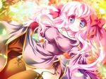  black_legwear blue_eyes blush cross cross_necklace garter_belt hair_ribbon highres holding jewelry long_hair looking_at_viewer mini_koala necklace pink_hair priest_(ragnarok_online) ragnarok_online ribbon smile solo thighhighs 