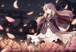  akashio_(loli_ace) brown_eyes brown_hair building dress flower gradient_hair hijiri_byakuren leaf long_hair lotus multicolored_hair night night_sky sky solo star_(sky) starry_sky torii touhou wind 