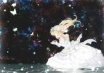  bad_id bad_pixiv_id blonde_hair bug butterfly closed_eyes dress elbow_gloves gloves hairband holding insect mackerel_(sabanoneko) original petals solo water wedding_dress wind 