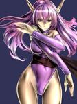  bad_id bad_pixiv_id bare_shoulders breasts detached_sleeves dodai_shouji groin highleg highleg_leotard highres large_breasts leotard long_hair nei phantasy_star phantasy_star_ii pointy_ears purple_eyes purple_hair purple_leotard solo 