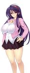  1girl breasts hairband hand_on_hip jacket kawaraya_a-ta large_breasts purple_hair skirt smile solo tendou_mika 