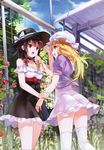  77gl :d adapted_costume blonde_hair bow brown_hair choker collarbone cosplay fence flower food hair_ribbon hat hat_bow hat_ribbon highres ice_cream ice_cream_cone long_hair maribel_hearn miyamoto_konatsu miyamoto_konatsu_(cosplay) multiple_girls non-web_source okita_sawa okita_sawa_(cosplay) open_mouth purple_eyes red_eyes ribbon scan smile standing tari_tari thighhighs touhou usami_renko white_bow white_legwear 