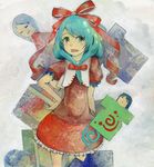  acrylic_paint_(medium) aqua_hair blush bow closed_eyes frills front_ponytail green_eyes hair_bow hair_ornament hair_ribbon hand_on_hip kagiyama_hina long_hair looking_at_viewer nib_pen_(medium) nihimaru open_mouth ribbon short_sleeves solo touhou traditional_media 