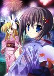  blonde_hair blue_eyes brown_hair endori fireworks green_eyes heterochromia japanese_clothes kimono looking_at_viewer looking_back lyrical_nanoha mahou_shoujo_lyrical_nanoha_strikers mask multiple_girls night red_eyes short_hair vivio yagami_hayate 