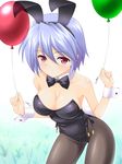  animal_ears balloon bare_shoulders blue_hair bow bowtie breasts bunny_ears bunny_girl bunny_tail bunnysuit cleavage detached_collar fishnet_pantyhose fishnets highres kotonomiya_yuki large_breasts masakichi_(crossroad) pantyhose red_eyes short_hair solo suigetsu tail wrist_cuffs 