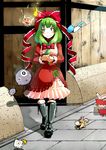  adapted_costume boots bow fire frills front_ponytail green_eyes green_hair hair_bow hair_ornament hair_ribbon holding holding_hair kagiyama_hina knee_boots long_hair long_sleeves monster nihimaru ribbon smile solo touhou walking 