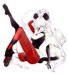  asymmetrical_clothes breasts cleavage cleavage_cutout elbow_gloves feather_boa geta gloves hair_over_one_eye heart inga kouga_yun large_breasts legs long_hair pantyhose ponytail shoes silver_hair single_shoe solo toe_socks un-go very_long_hair white_hair 