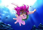  bare_legs barefoot bikini bubble diving diving_mask fish freediving green_eyes highres long_hair ocean open_mouth original pink_hair rock snorkel solo swimming swimsuit underwater water yagami_(mukage) 