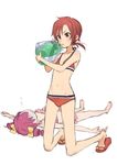  ball barefoot beachball bikini blowing flat_chest flip-flops groin hino_akane_(smile_precure!) hoshizora_miyuki kneeling kuroboshi_kouhaku lying multiple_girls navel on_back pink_hair precure red_eyes red_hair sandals short_hair simple_background sketch smile_precure! sweat swimsuit turn_pale white_background 