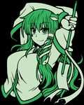  black_background gohei green_eyes hair_ornament kochiya_sanae long_hair macaroni_and_cheese monochrome solo touhou 