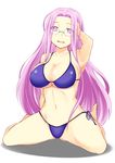  arm_up armpits bikini blue_bikini breasts cleavage fate/stay_night fate_(series) glasses hand_on_own_head large_breasts long_hair open_mouth purple_hair rider simple_background sitting smile solo swimsuit very_long_hair wariza white_background zanku 