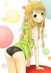  ahoge arm_support ass bad_id bad_pixiv_id bent_over bikini blonde_hair bracelet from_behind green_eyes grin hood hoodie hoshii_miki idolmaster idolmaster_(classic) jewelry long_hair mizutamako sleeveless sleeveless_hoodie smile solo sparkle star star_print swimsuit 