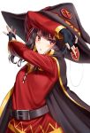  1girl bangs belt black_gloves black_hair blush breasts buckle cape chuunibyou dress eyepatch eyepatch_removed fingerless_gloves gloves hat kono_subarashii_sekai_ni_shukufuku_wo! looking_at_viewer megumin open_mouth red_eyes short_hair sidelocks simple_background small_breasts solo superpig tsurime white_background witch_hat 