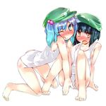  ;q aqua_eyes barefoot black_hair blue_hair blush breasts dark_haired_kappa hair_bobbles hair_ornament hat kappa_mob kawashiro_nitori looking_at_viewer multiple_girls narumiya one-piece_swimsuit one_eye_closed red_eyes school_swimsuit sideboob simple_background small_breasts swimsuit tongue tongue_out touhou two_side_up white_background white_swimsuit 