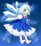  blue_dress blue_eyes blue_hair blush bow cirno dress fang hair_bow mokku one_eye_closed open_mouth outstretched_arms short_hair smile socks solo touhou wavy_hair 