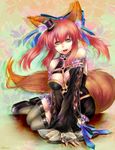  animal_ears bare_shoulders bow breasts cleavage detached_sleeves fang fate/extra fate_(series) fox_ears fox_tail hair_bow hair_ribbon hat large_breasts mini_hat mini_top_hat pink_hair ribbon solo tail tamamo_(fate)_(all) tamamo_no_mae_(fate) thighhighs top_hat twintails yellow_eyes zyusyu 
