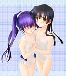  2girls black_hair covered_eyes highres honda_masazumi kyoukai_senjou_no_horizon kyoukaisenjou_no_horizon mukai_suzu multiple_girls nipples one-piece_swimsuit purple_hair see-through swimsuit yellow_eyes 