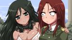  black_hair blush breasts brown_eyes brown_hair cleavage commentary fang francesca_lucchini green_eyes hand_on_shoulder large_breasts long_hair military military_uniform minna-dietlinde_wilcke monizumi_ishikawa multiple_girls older saitou_chiwa seiyuu_connection strike_witches surprised sweatdrop uniform world_witches_series 