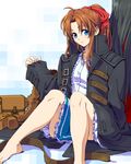  1girl back-to-back barefoot belt blue_eyes borrowed_garments bream-tan brown_hair coat highres knees_up looking_at_viewer luna_winston out_of_frame oversized_clothes ponytail pouch reviel_von_de_russert ribbon sitting skirt sleeves_past_wrists solo_focus tsukiyo_ni_hibiku_nocturne 
