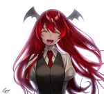  :d ^_^ bad_id bad_pixiv_id bat_wings blush closed_eyes colored_eyelashes dress_shirt eyelashes head_wings koakuma kyon_(fuuran) lips lipstick long_hair long_sleeves makeup necktie open_mouth puffy_sleeves red_hair red_neckwear shirt signature simple_background smile solo touhou upper_body vest white_background white_shirt wings 