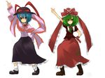  arm_ribbon blush boots bow dress frills front_ponytail green_eyes green_hair hair_bow hair_ornament hair_ribbon hand_on_hip hat hat_ribbon kagiyama_hina long_hair mikan_(ama_no_hakoniwa) multiple_girls nagae_iku pointing pointing_up red_dress red_eyes ribbon saturday_night_fever shoes short_hair skirt touhou 