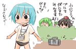  bad_id bad_pixiv_id black_hair blue_hair boombox buruma bush camera green_hair gym_uniform hat hiding himegi kochiya_sanae multiple_girls o_o open_mouth shameimaru_aya short_hair smile tatara_kogasa tokin_hat touhou translation_request 