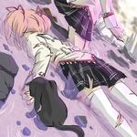  akemi_homura amy_(madoka_magica) bad_end blood cat commentary_request kaname_madoka mahou_shoujo_madoka_magica mukiki multiple_girls pink_hair school_uniform skirt spoilers thighhighs torn_clothes 