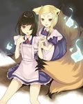  animal_ears apron arm_grab bad_id bad_pixiv_id bangs black_hair blonde_hair blue_fire blush brown_eyes contrapposto dress expressionless fire flame fox fox_ears fox_tail hair_over_one_eye looking_at_another looking_at_viewer multiple_girls multiple_tails nail_polish nushityama one_eye_covered open_mouth red_eyes sasami-san@ganbaranai shaded_face short_hair short_sleeves sidelocks sitting smile standing swept_bangs tail tamamo-no-mae_(sasami-san@ganbaranai) tongue tongue_out yagami_kagami 