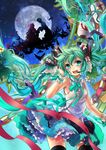  2girls bird floating_hair full_moon green_eyes green_hair hatsune_miku headset kingchenxi leaf long_hair moon multiple_girls open_mouth silhouette skirt sky star_(sky) starry_sky thighhighs very_long_hair vocaloid 