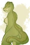  bop_(artist) breasts butt eyes_closed female green_nipples nipples non-mammal_breasts pose scalie simple_background sketch smile solo teeth 
