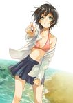  bad_id bad_pixiv_id banned_artist beach bikini_top black_hair blush dress_shirt green_eyes open_clothes open_shirt original pleated_skirt school_uniform seashell shell shirt short_hair skirt smile swimsuit swimsuit_under_clothes yuu_(warm_water) 