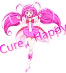  absurdres bike_shorts blush boots bow character_name choker colorized cure_happy dress english full_body head_wings highres hoshizora_miyuki knee_boots long_hair looking_at_viewer magical_girl open_mouth pink pink_bow pink_choker pink_eyes pink_hair pink_shorts pink_skirt precure sakura_hazuki shorts simple_background skirt smile smile_precure! solo tiara twintails white_background 