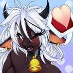  &lt;3 amber_eyes bell big_breasts black blush bo_vyne bovine breasts cattle collar cow crystal-for-ever ear_piercing female hair horn lips long_hair looking_at_viewer mammal nude one_eye_closed piercing smile solo topless white_hair wink 