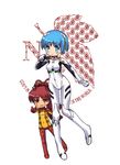  ayanami_rei ayanami_rei_(cosplay) blue_eyes blue_hair blush bodysuit color_connection cosplay hair_ornament hairpin leaf lirinx long_hair mahou_shoujo_madoka_magica miki_sayaka multiple_girls neon_genesis_evangelion nerv plugsuit pointing ponytail rebuild_of_evangelion red_eyes red_hair sakura_kyouko short_hair smile souryuu_asuka_langley souryuu_asuka_langley_(cosplay) white_background white_bodysuit 