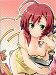  absurdres ahoge apron bare_shoulders bent_over body_blush bowl breasts cleavage deardrops fujimaru_(bluebrand) green_eyes hair_ornament hairclip halftone halftone_background highres large_breasts looking_at_viewer naked_apron red_hair sakurai_kanade_(deardrops) shiny shiny_skin smile solo whisk 