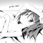  after_sex arm_up banned_artist blush breast_hold breasts covering greyscale hair_ornament hairclip lying mahou_shoujo_madoka_magica medium_breasts miki_sayaka monochrome moritan on_back short_hair smile solo translated 