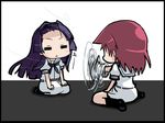  =_= blue_hair chibi electric_fan fanning_face hime_cut hirose_sumire long_hair lowres miyanaga_teru multiple_girls mundane_utility pink_hair saki school_uniform seiza serafuku shiraitodai_school_uniform short_hair sitting wariza 