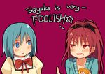  blue_eyes blue_hair english food jing_hu mahou_shoujo_madoka_magica miki_sayaka multiple_girls ponytail red_eyes red_hair sakura_kyouko 