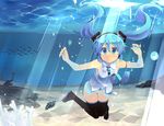  blue_eyes blue_hair boots fish freediving hatsune_miku long_hair looking_at_viewer megurine_luka nail_polish necktie panties shin_(new) skirt skirt_removed solo swimming takoluka thigh_boots thighhighs twintails underwater underwear vocaloid 