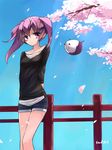 aisha_(elsword) angkor_(elsword) artist_name bad_id bad_pixiv_id casual cherry_blossoms day elsword highres long_hair petals purple_eyes purple_hair shirt shorts sky smile solo swd3e2 twintails void_princess_(elsword) 