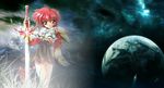  dream girl landscape magic_knight_rayhearth night planet red_hair scenic shidou_hikaru space stars sword weapon 